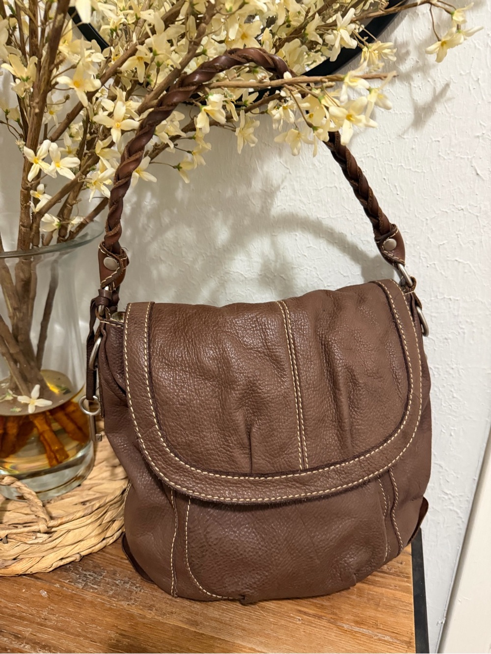 Vintage Fossil Braided-Handle Brown Leather Shoulder Bag